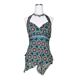 Y2K Trixxi Blue + Purple Fairy Geometric Sequin Babydoll Halter Top Size Medium
